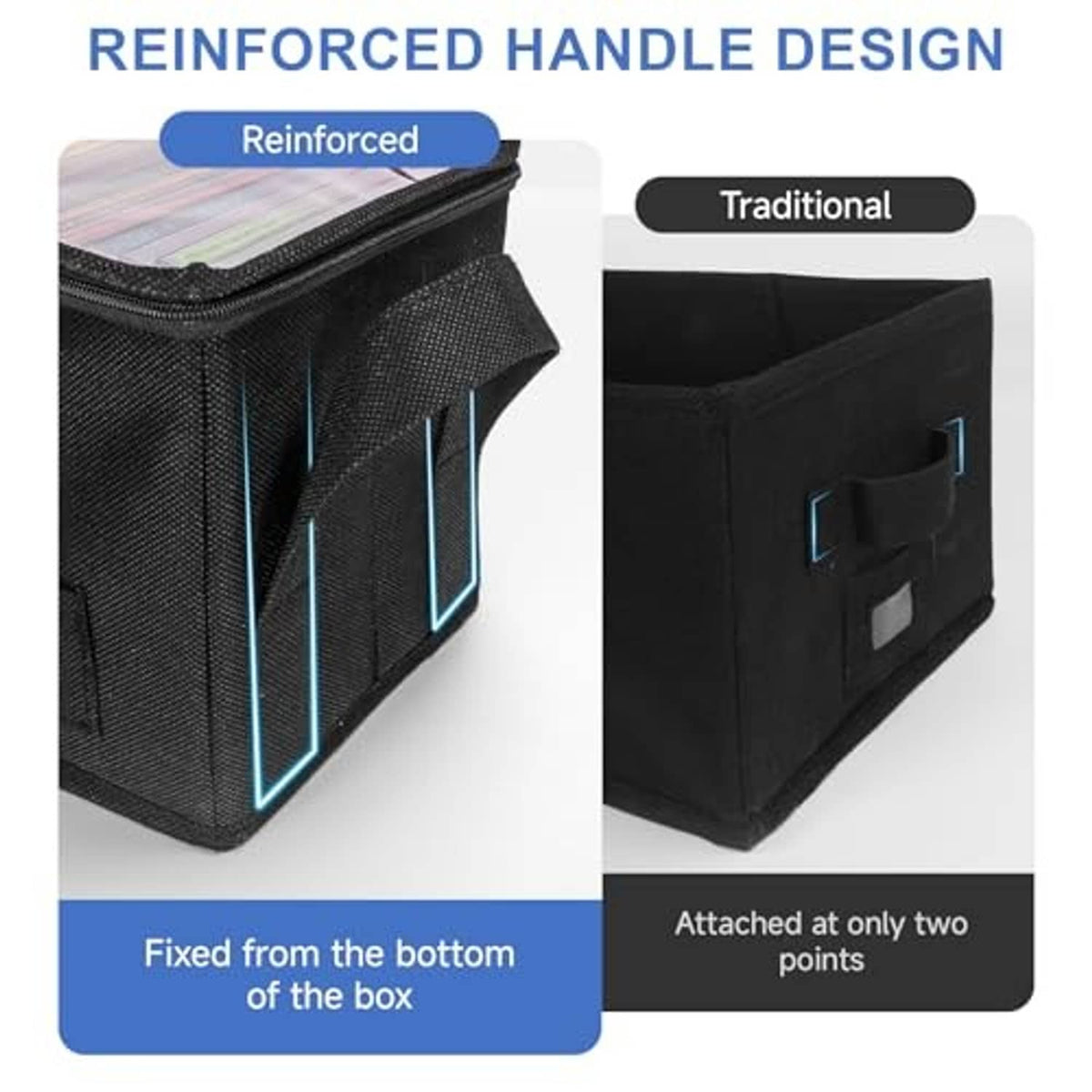 Black DVD storage case with reinforced side handle design and fabric grip panels