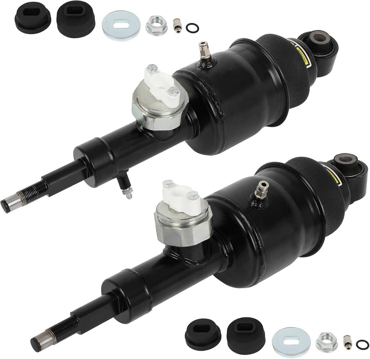 Pair of black air suspension shock struts with included plates, nuts, washers, and bushings