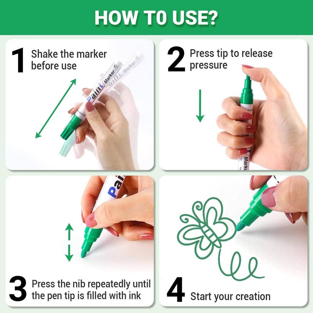 Green oil-based permanent paint marker drawing a decorative flower swirl on paper