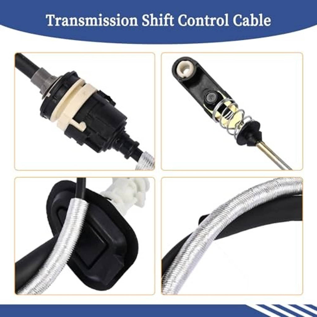 Transmission shift control cable with black connectors and silver corrugated sleeve