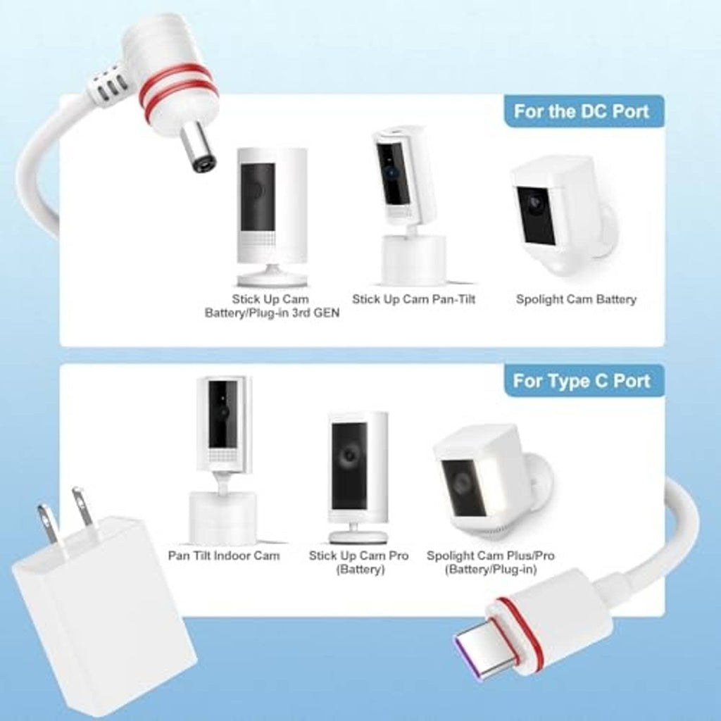 White charging cable with red-ring DC connector and included adapter ports set