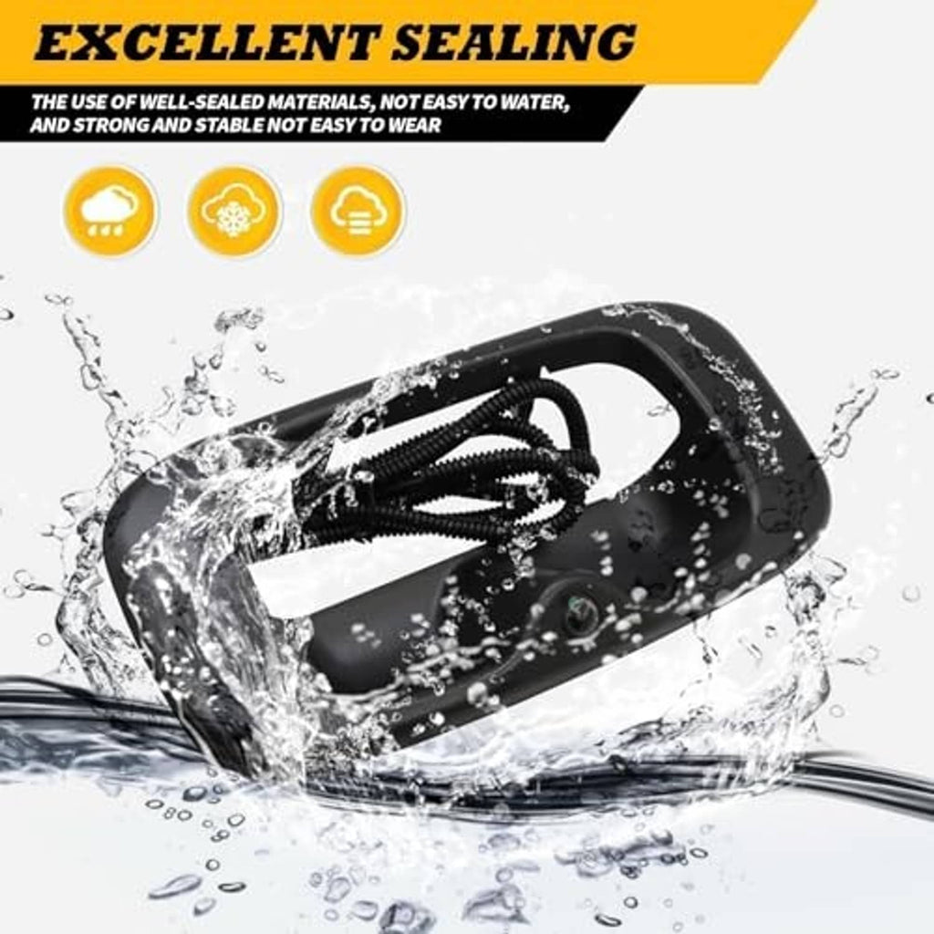 Water-resistant rear camera tailgate handle with cable in splashing water