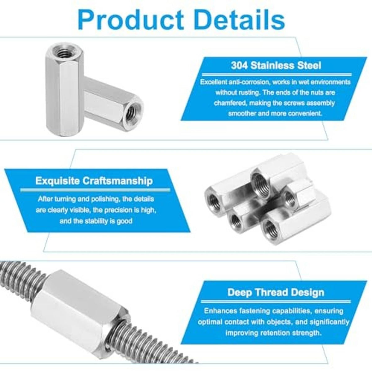 Stainless steel hex coupling nuts, stacked threaded sleeves with hex exterior, 2 pcs