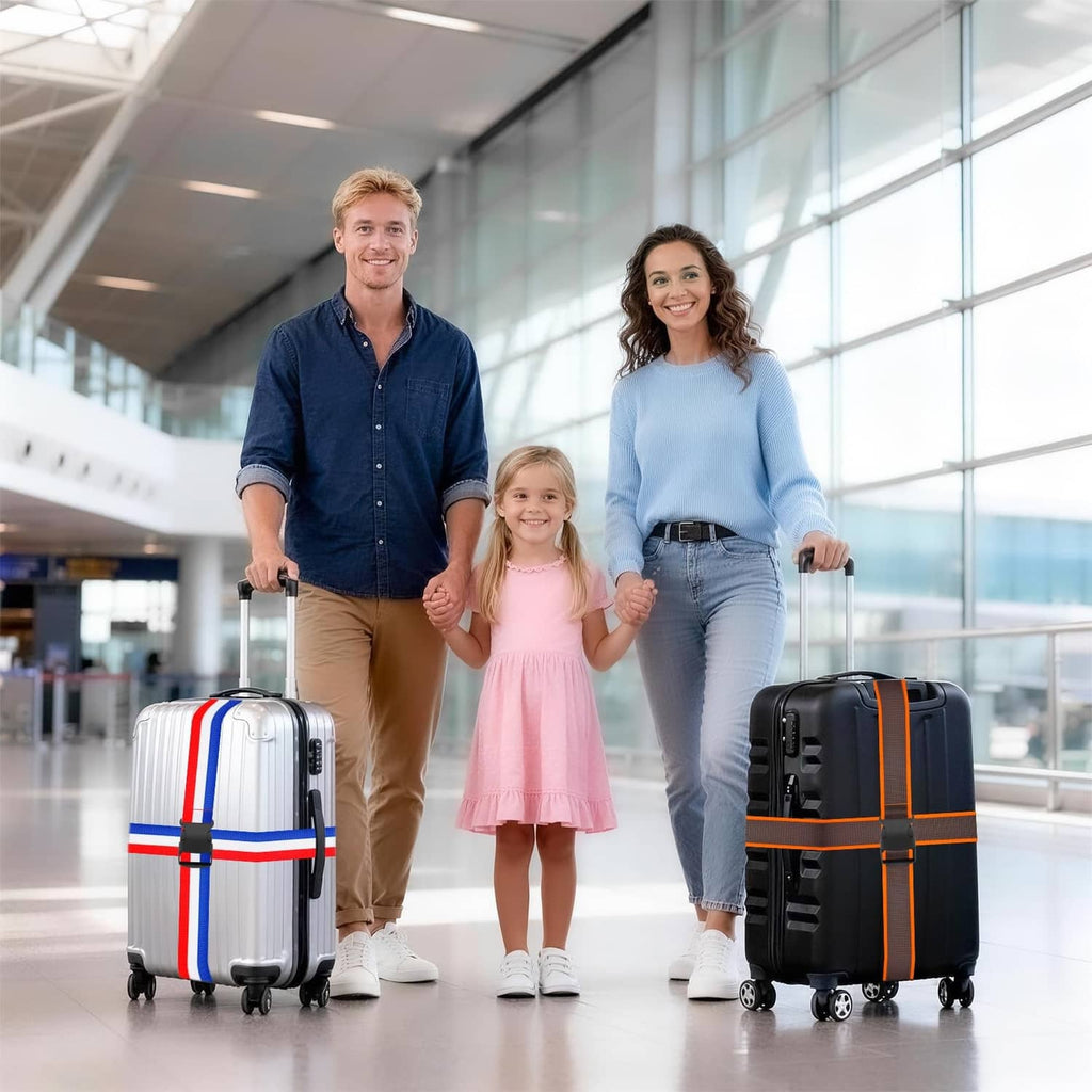 Family carrying suitcases with blue, red, and white luggage strap bands