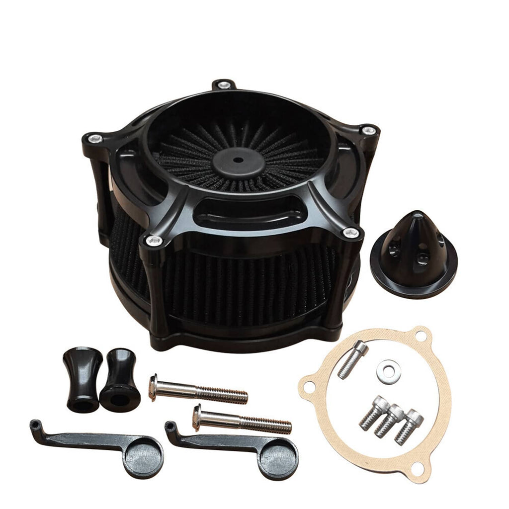 Black air cleaner intake filter housing with cone filter element and mounting hardware