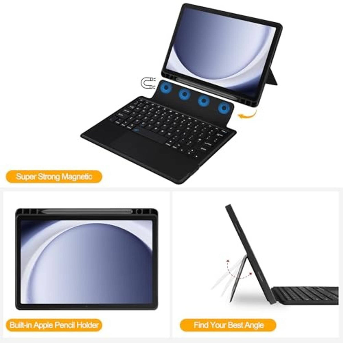 Black tablet keyboard case showing trackpad area and magnetic alignment