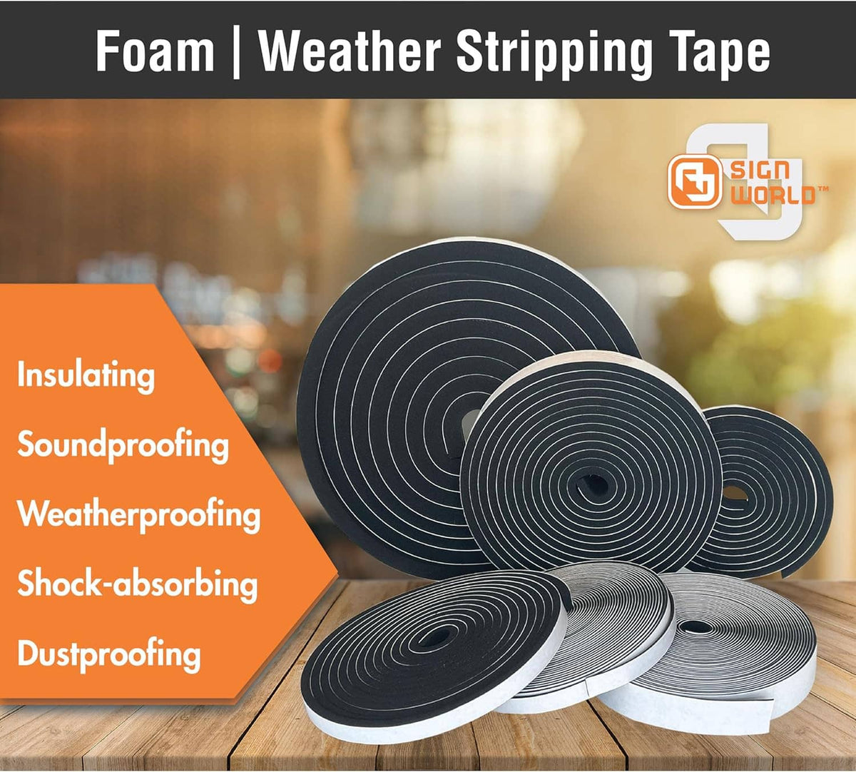 Black foam weather stripping tape roll with attached adhesive strip end