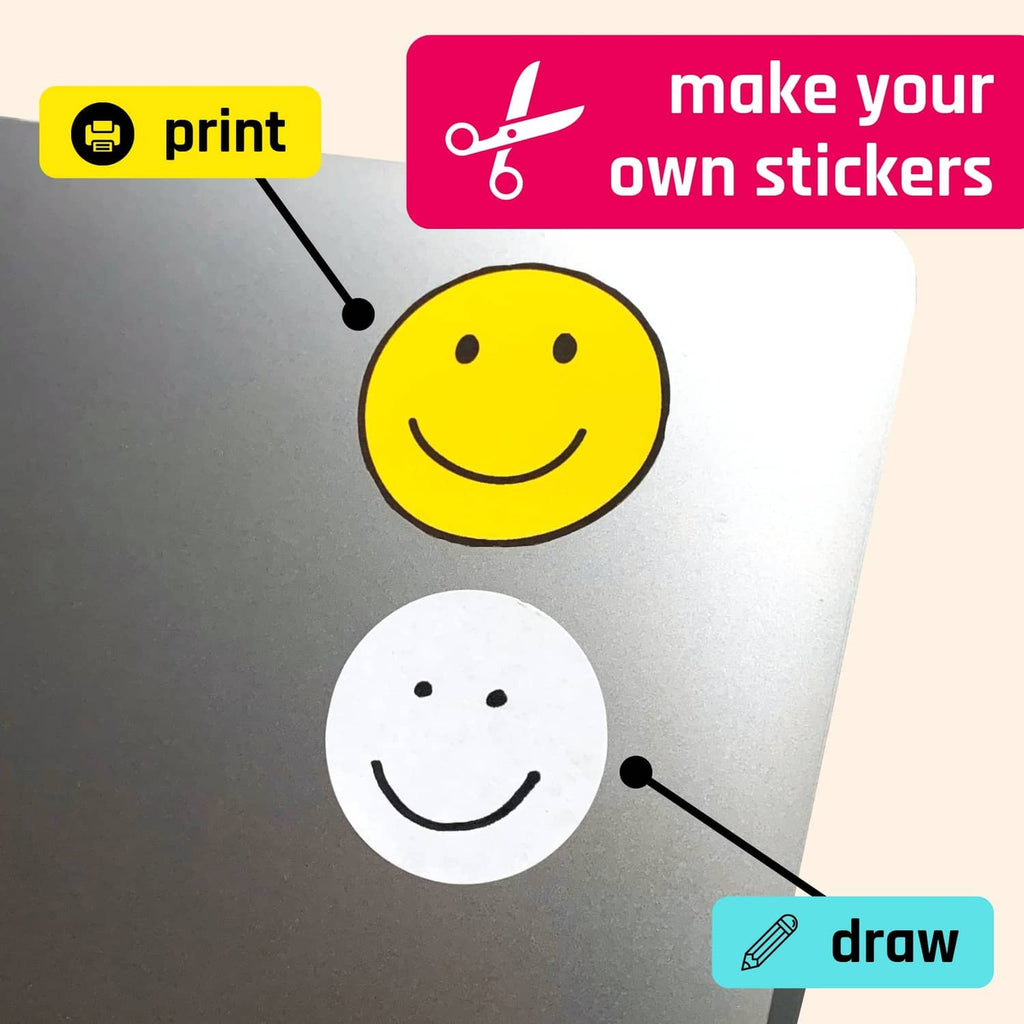Printable white sticker sheet with smiling face sticker graphics and connector lines