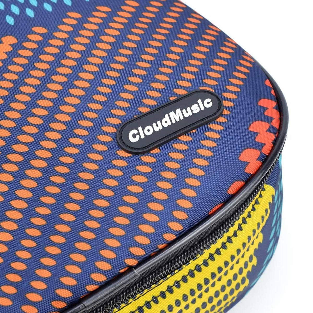 Cloudmusic logo patch on colorful patterned tenor ukulele gig bag fabric