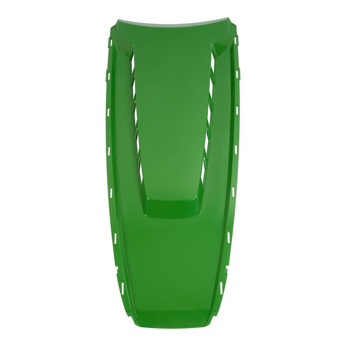 Green hood panel with deep central recess and vertical side mounting slots