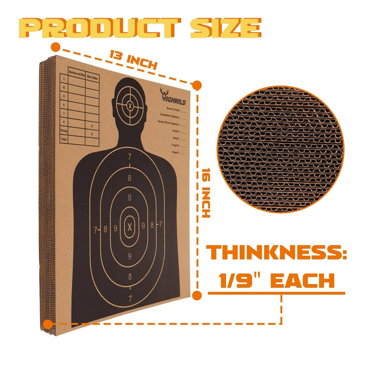 Highwild cardboard shooting target, 13 x 16 in, black silhouette and scoring rings