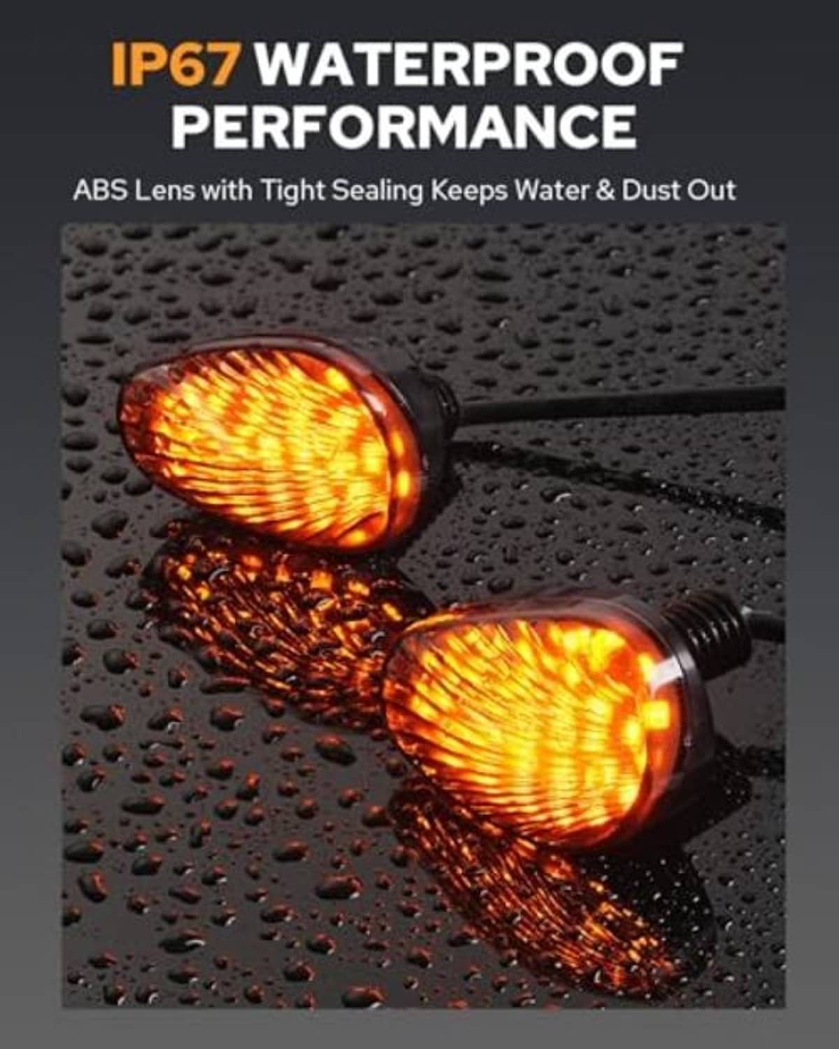 Smoked oval LED turn signal lights with amber glow on wet surface with water droplets