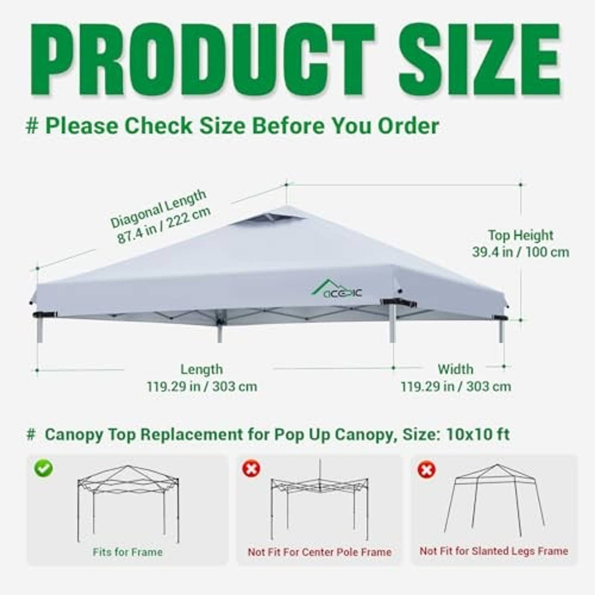 Canopy replacement top size chart for 10x10 frame, shows length and width