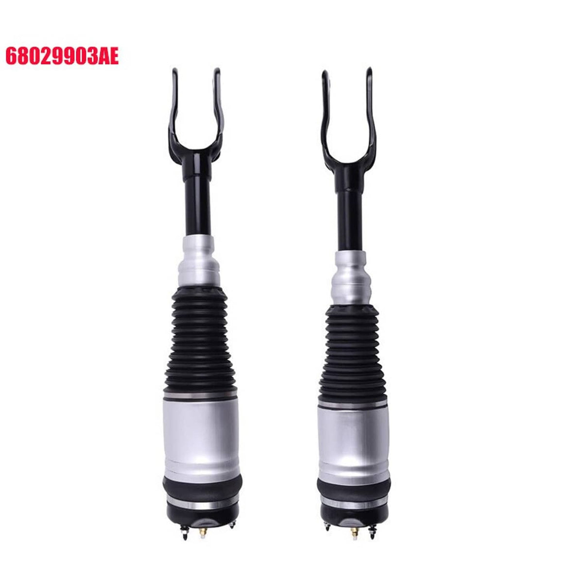 Pair of air suspension struts with black bellows and silver bodies, fork mounts up