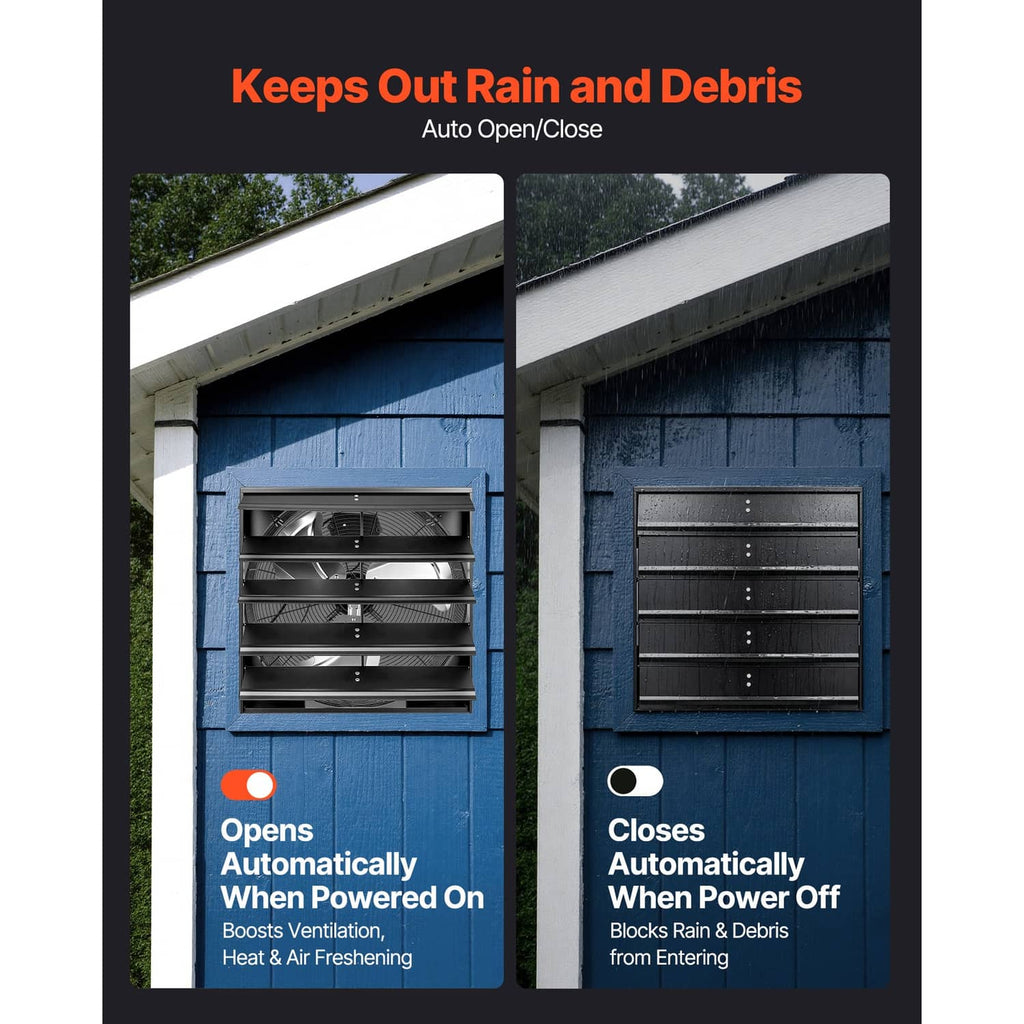 Wall-mount exhaust fan showing automatic open/close shutter louvers for weather protection