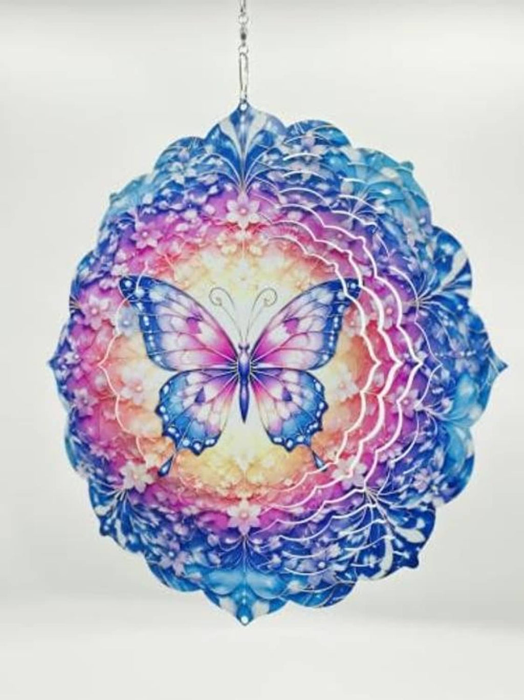 Blue butterfly floral wind spinner with hanging hook, ornate layered design