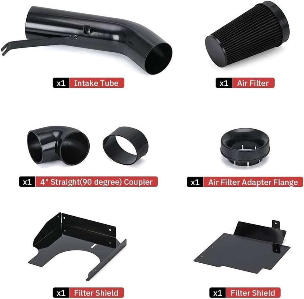 Cold air intake kit components: intake tube, air filter, coupler, adapter flanges, shields