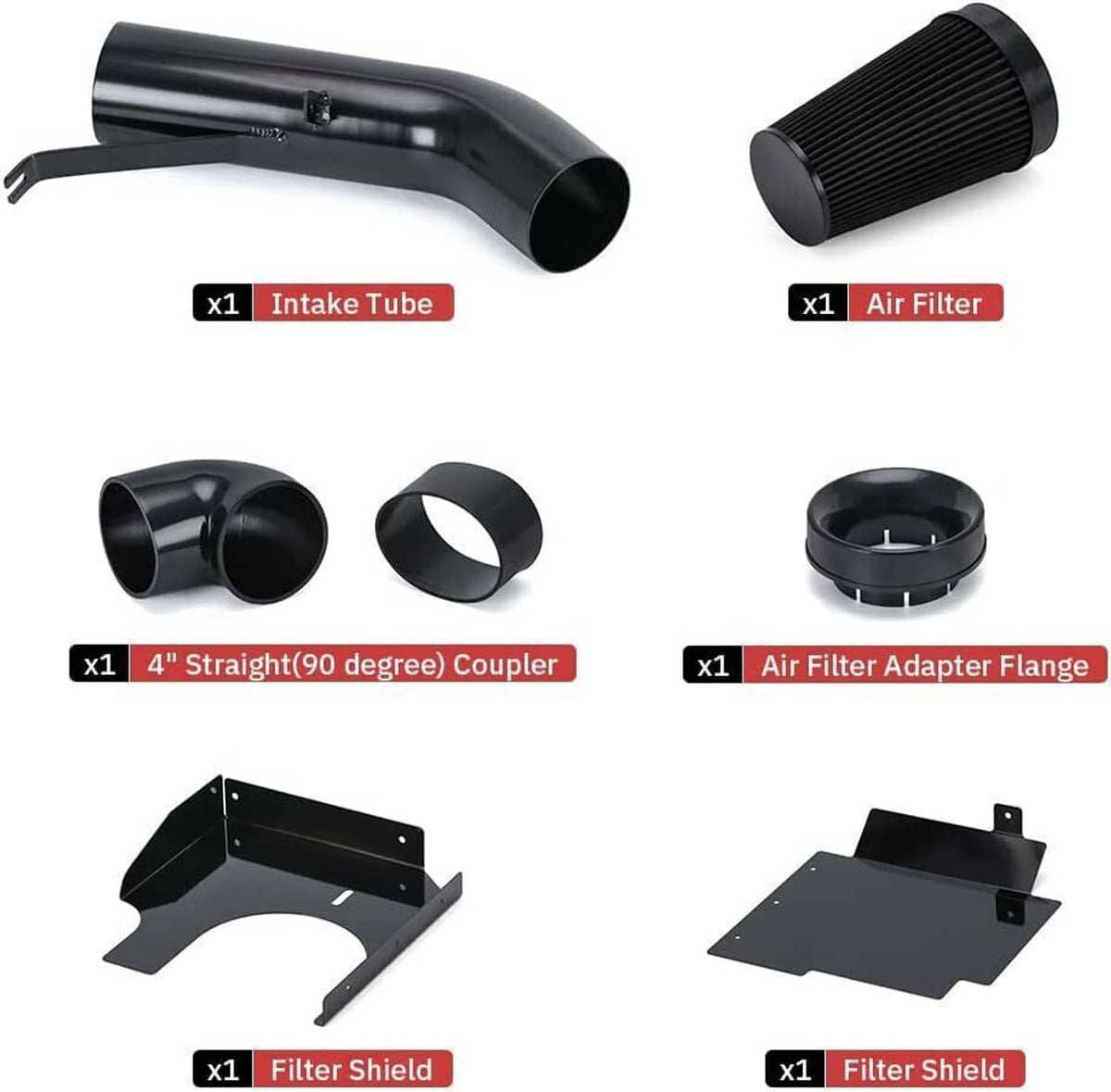 Cold air intake kit components: intake tube, air filter, coupler, adapter flanges, shields