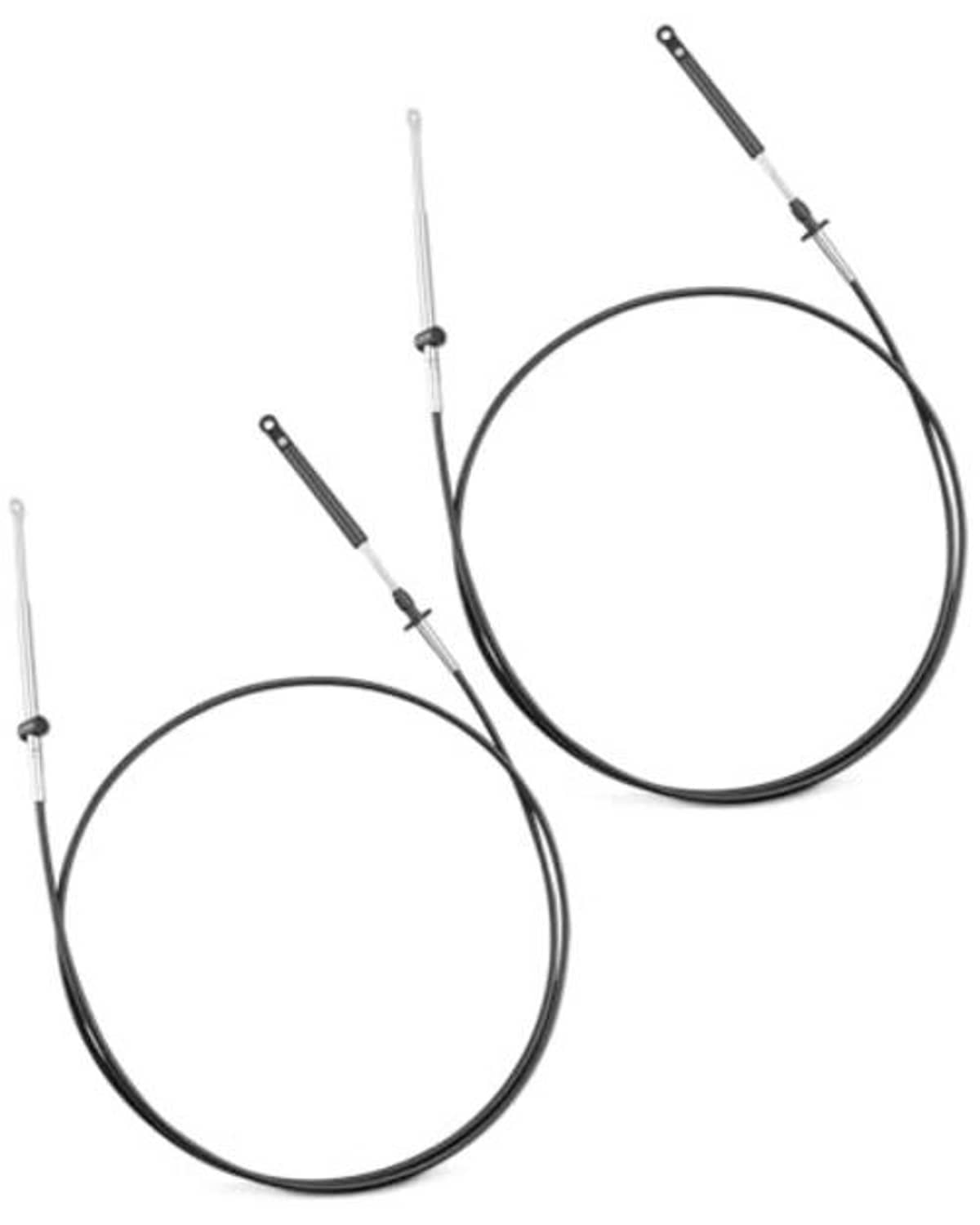Two outboard remote control cables with black sheathing and white mounting ends