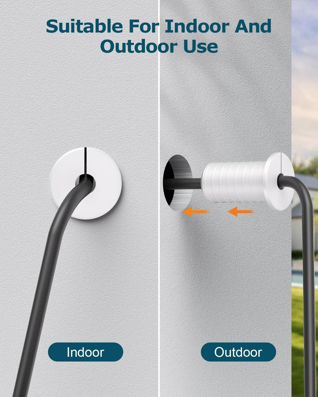 Two white wall grommets mounted with a curved black cable passing through