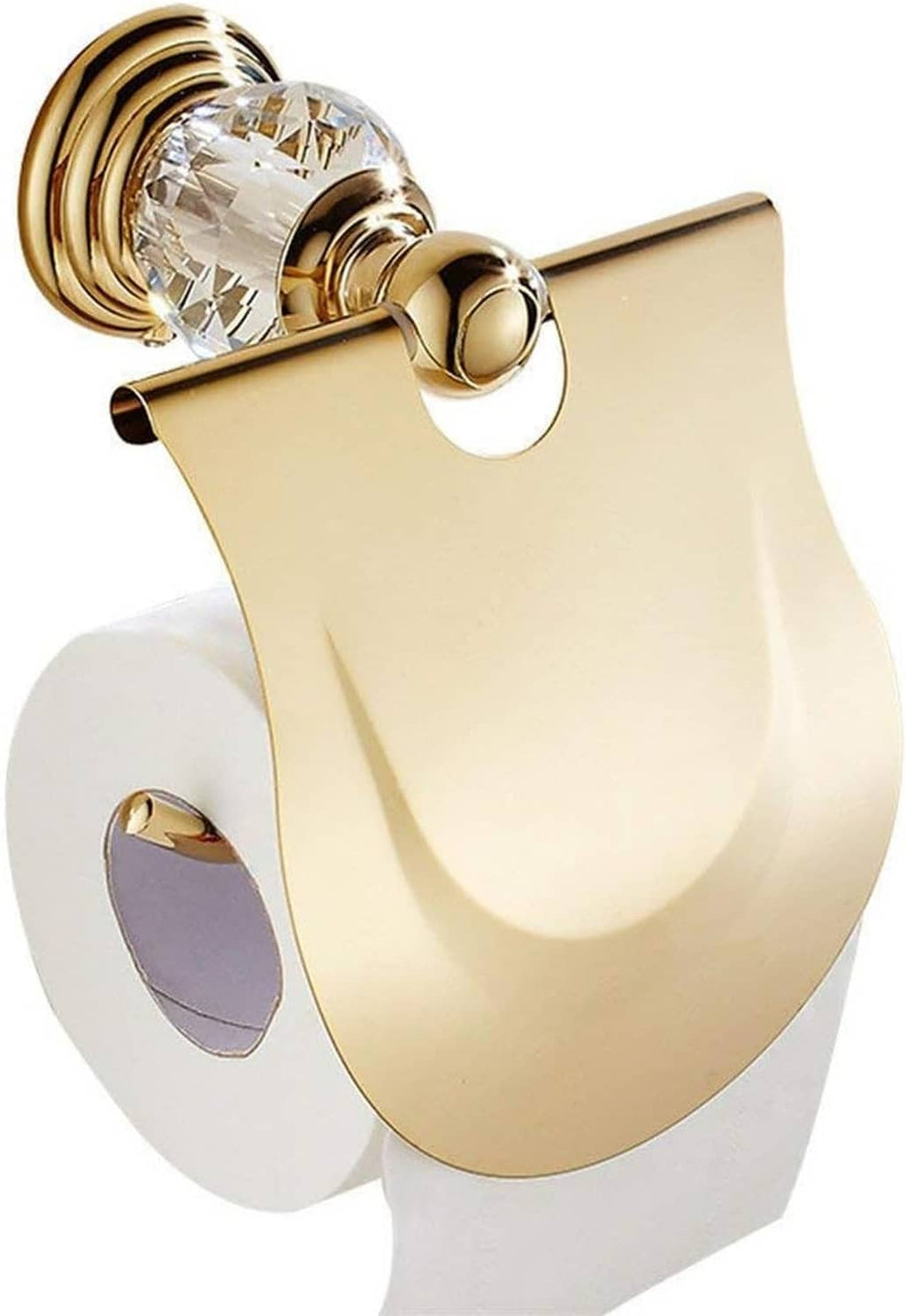 Gold toilet paper holder with crystal mounting and curved, open center