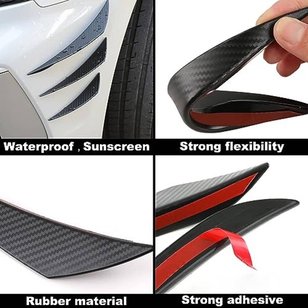 Carbon-fiber-look front bumper canard fin strip held by hand, flexible black material