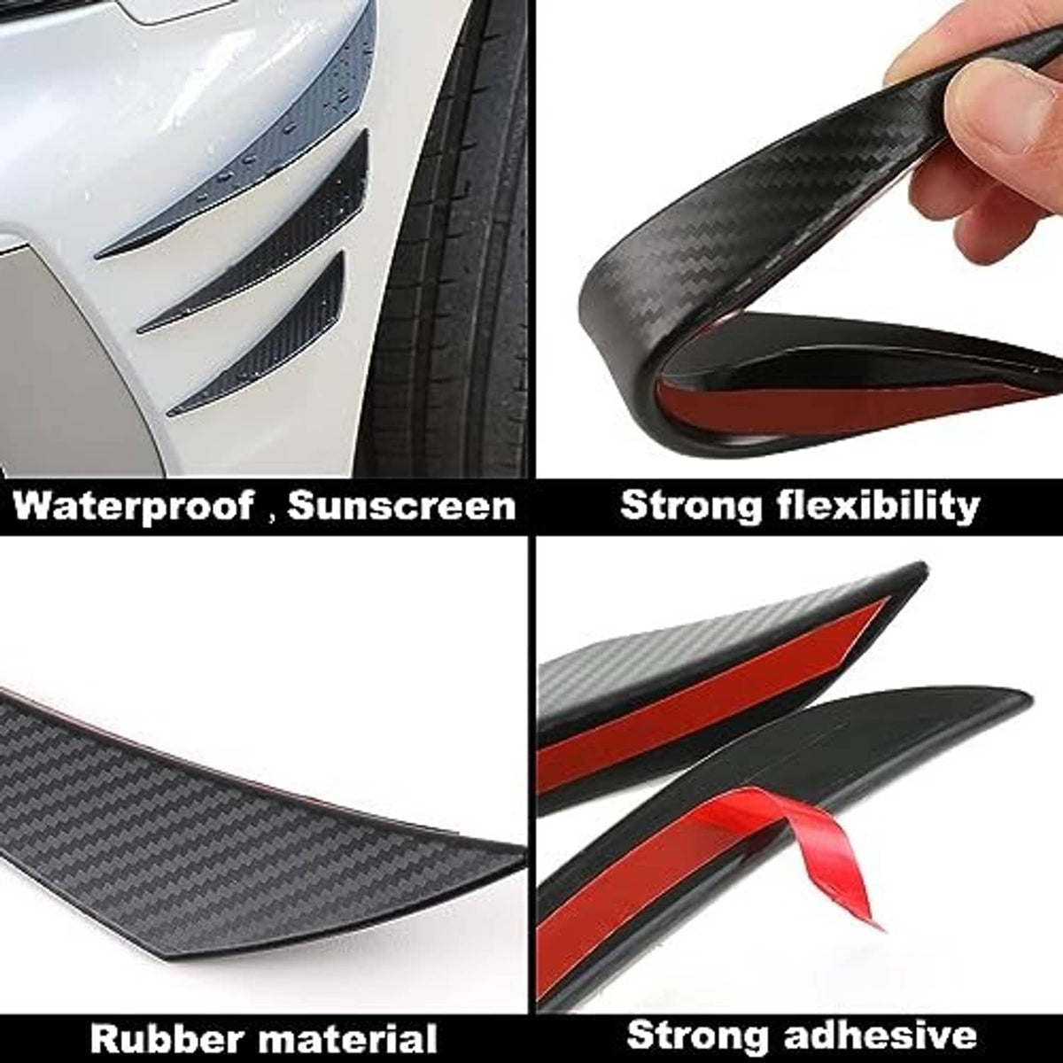 Carbon-fiber-look front bumper canard fin strip held by hand, flexible black material