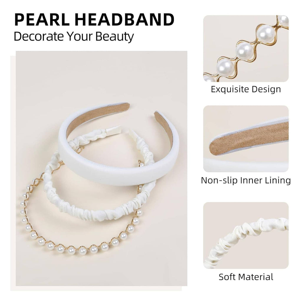 White pearl headband set with wide padded band and ruched inner grip