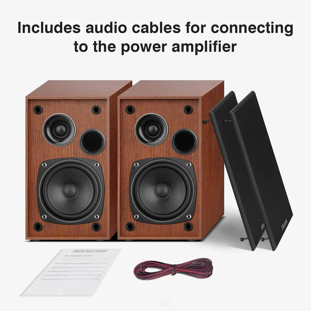Passive bookshelf speakers with wood cabinets and included audio cables for amplifier connection