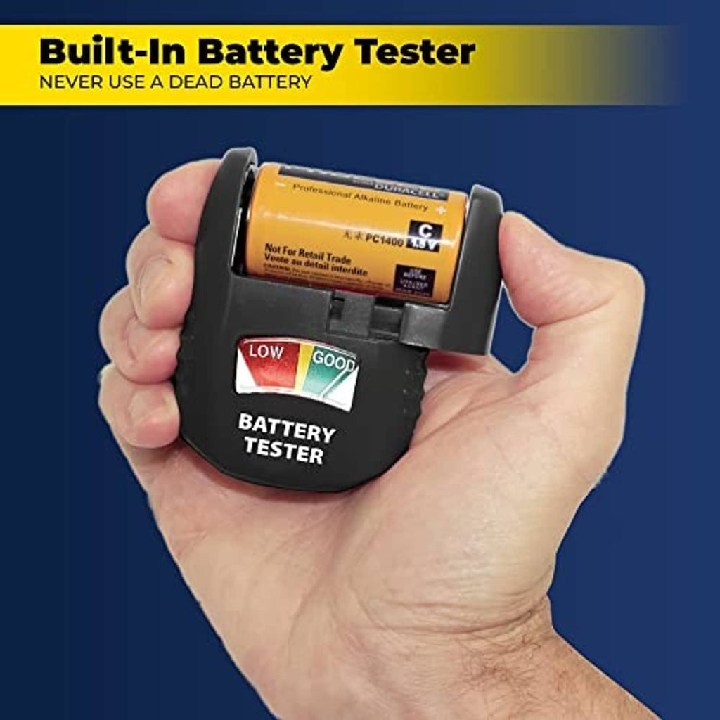 Handheld battery tester with buttons and meter for checking rechargeable batteries