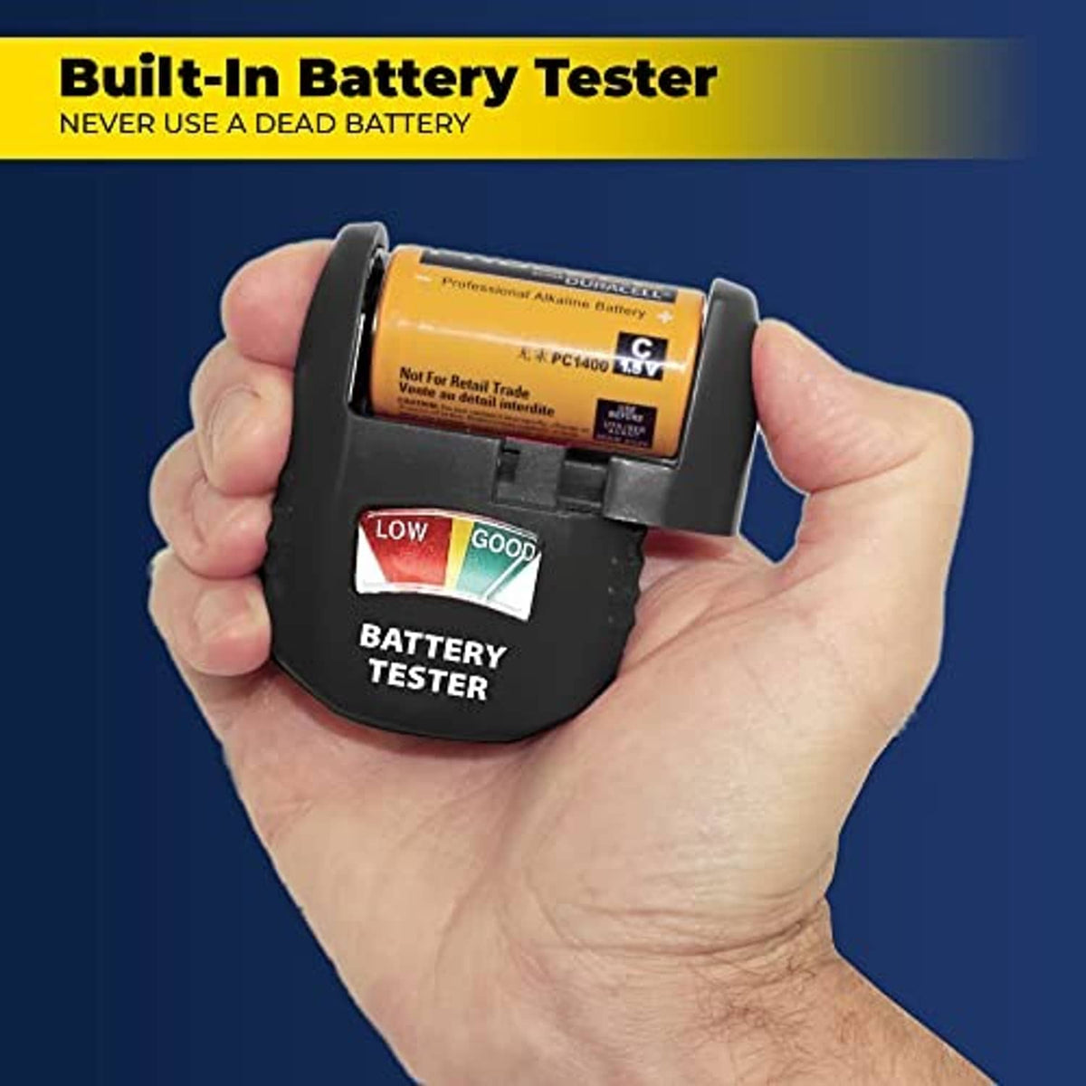 Handheld battery tester with buttons and meter for checking rechargeable batteries