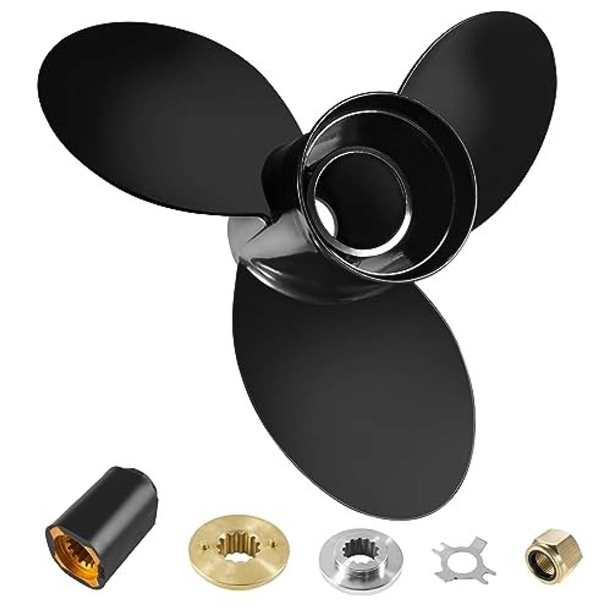 Boat propeller with black blades and hub kit hardware: brass cap, steel parts, and nut