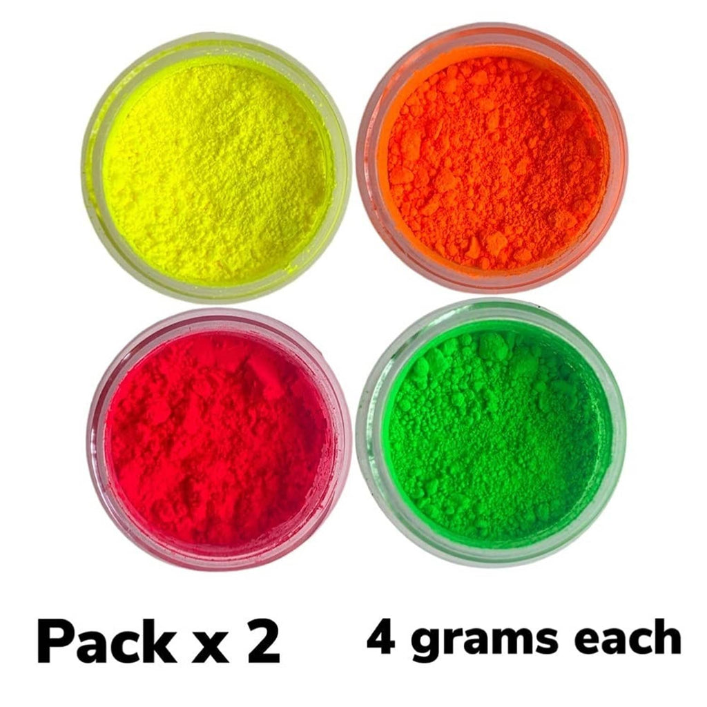 Four-pack neon glitter dust jars: yellow, orange, red, and green; 4 grams each