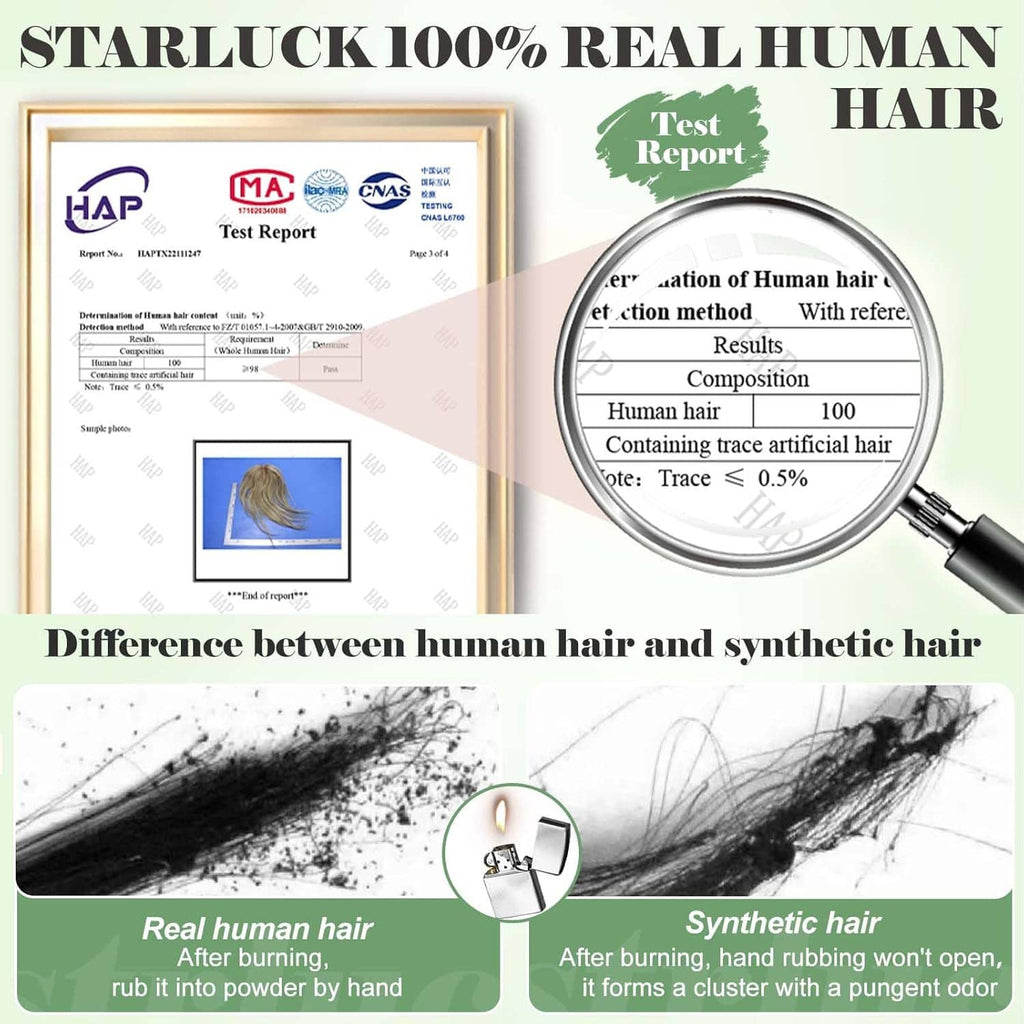 Hair topper human-hair vs synthetic-hair comparison with strand and report graphics