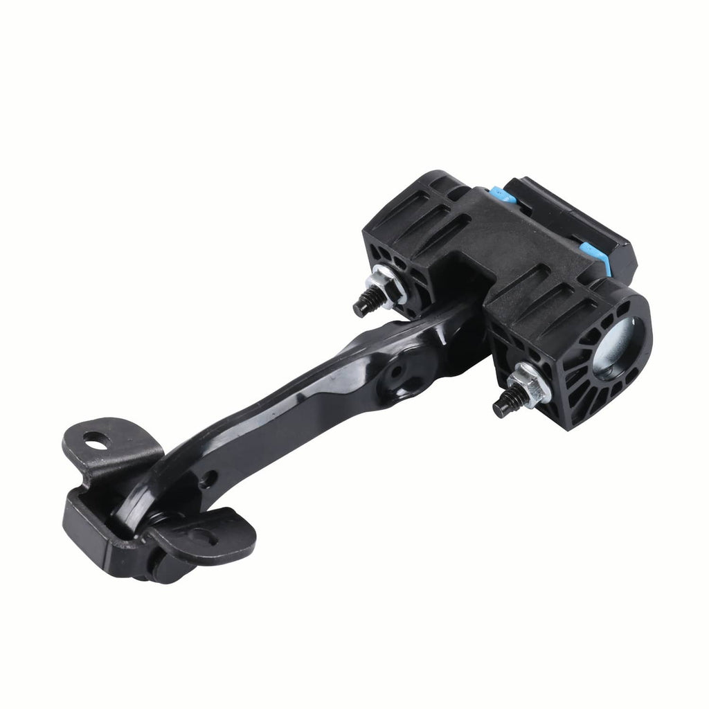 Front door check strap with angled black linkage and side mounting brackets with bolts