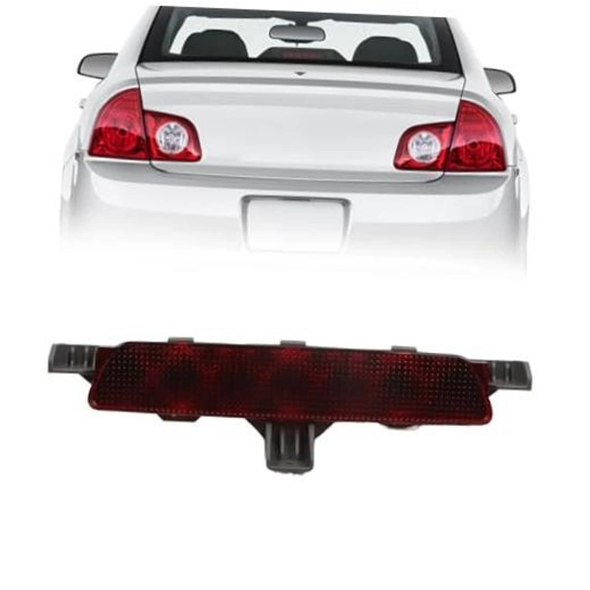 Center high mount brake light with red lens and black mounting base.