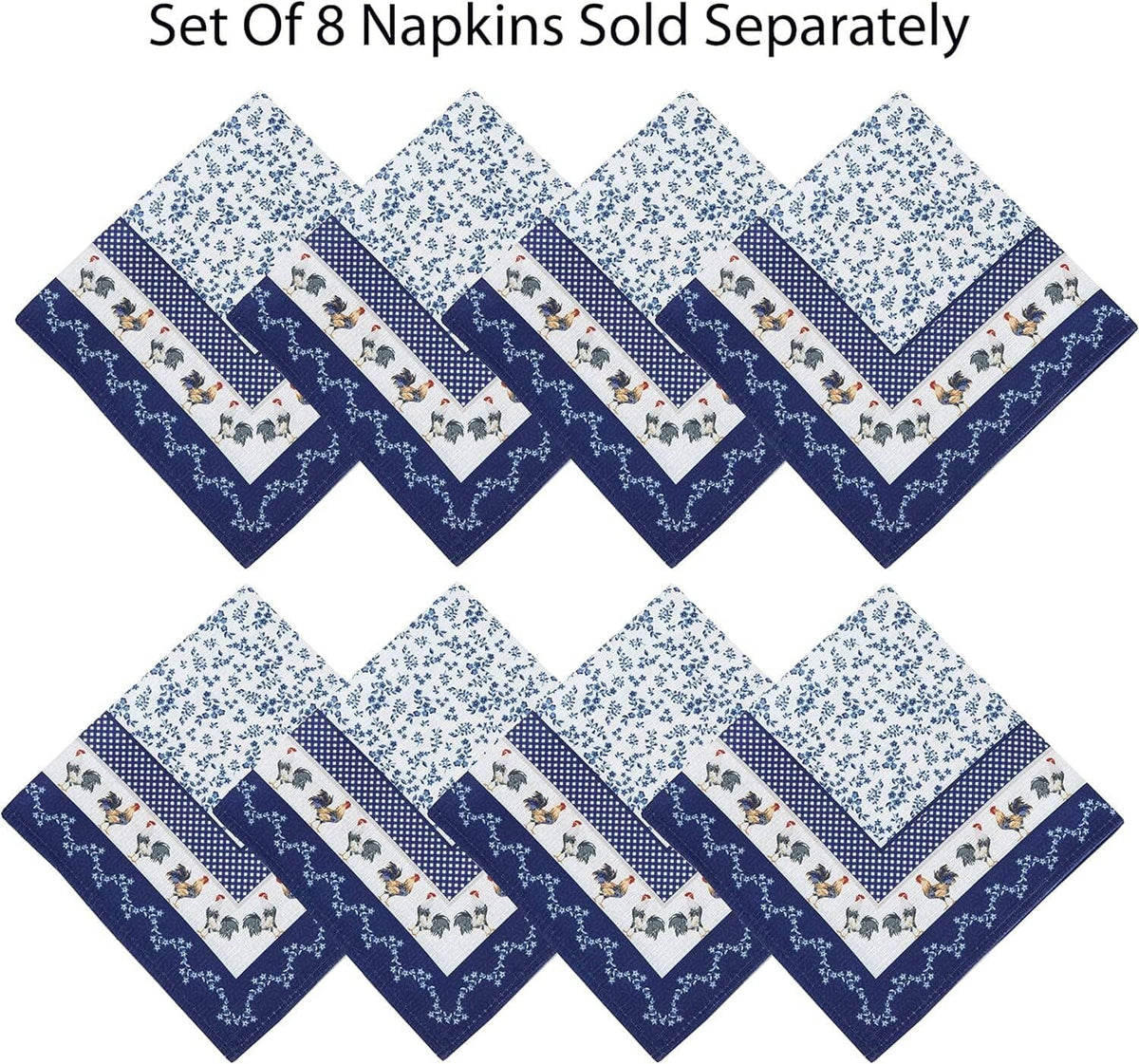 Blue and white tablecloth pattern with matching farm animal napkins and border