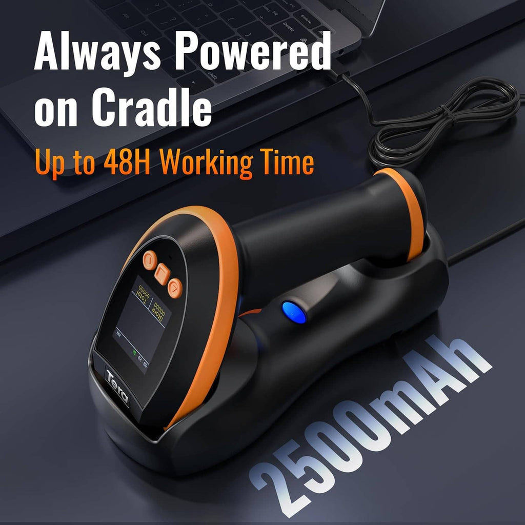 Wireless barcode scanner resting on cradle base, black with orange trim