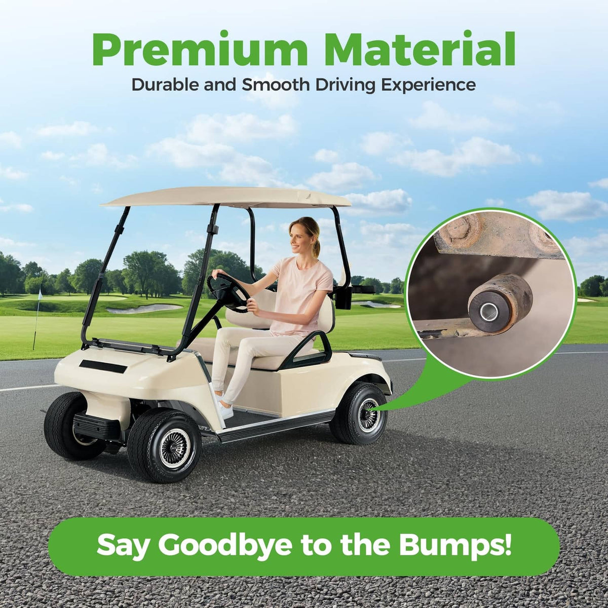 Golf cart driving on pavement with black bushing kit component detail inset