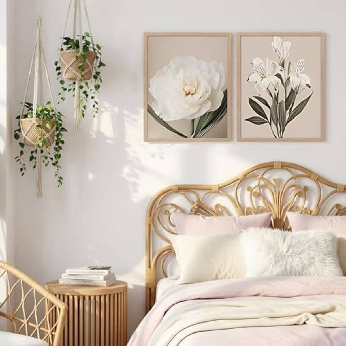 Natural wood-tone picture frames set displayed on a bedroom wall with floral art
