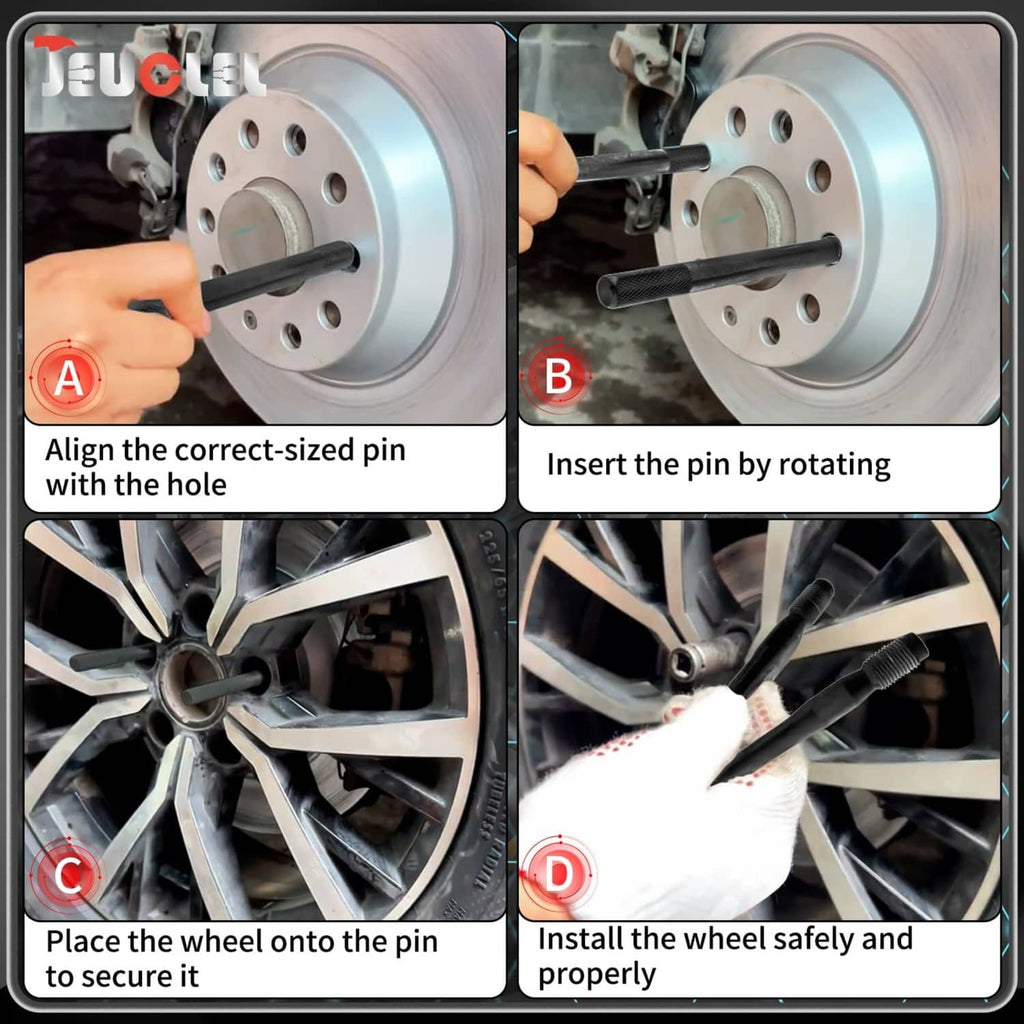 Wheel alignment pin tool with threaded pin inserted into wheel hub stud hole
