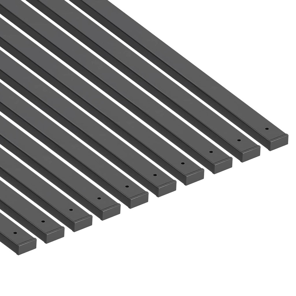 Close-up of black rectangular steel railing spindles with drilled mounting holes