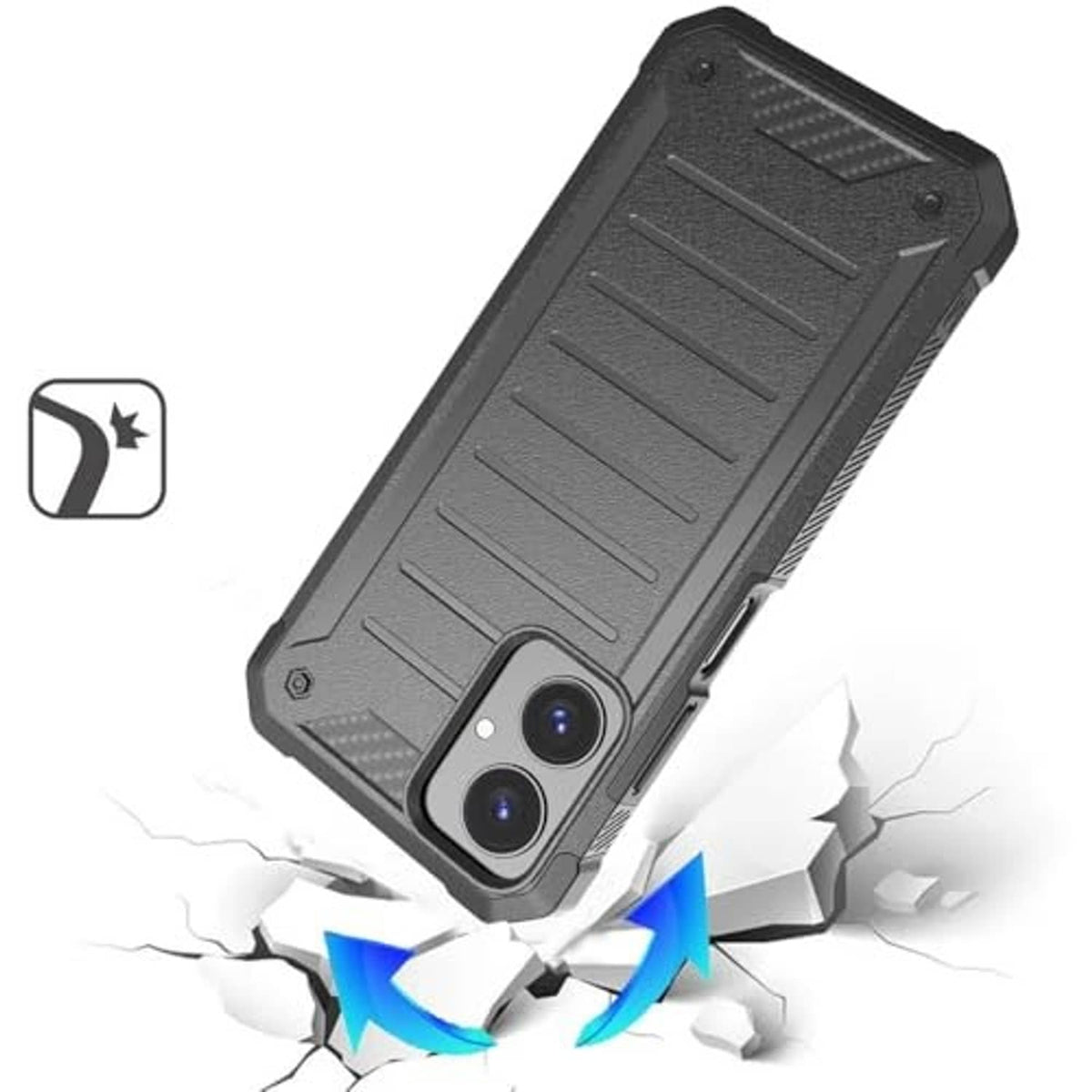 Gray rugged phone case with textured panel and double camera cutouts