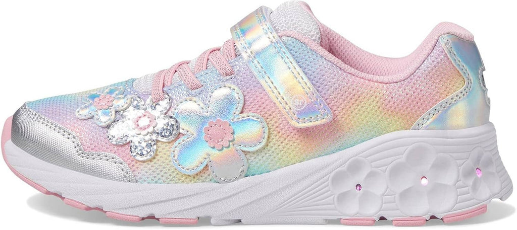 Kids iridescent sneakers with flower and butterfly patches, hook-and-loop strap, white cushioned sole.
