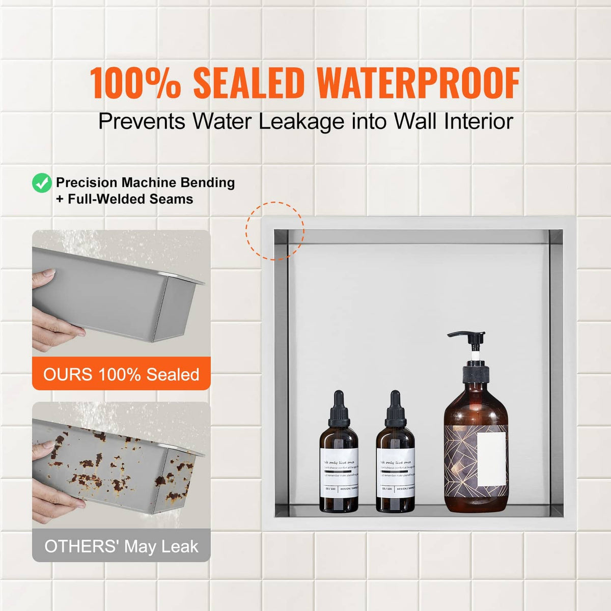 Uimoso stainless steel shower niche shown as 100% sealed waterproof unit