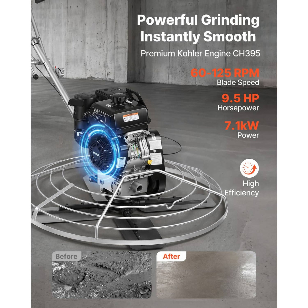 Gas concrete power trowel grinding head with guard and round float pan