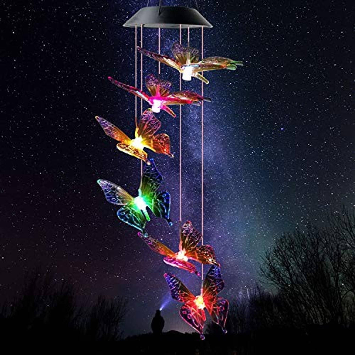 Solar wind chime with glowing butterfly charms on vertical metal rods and top cap