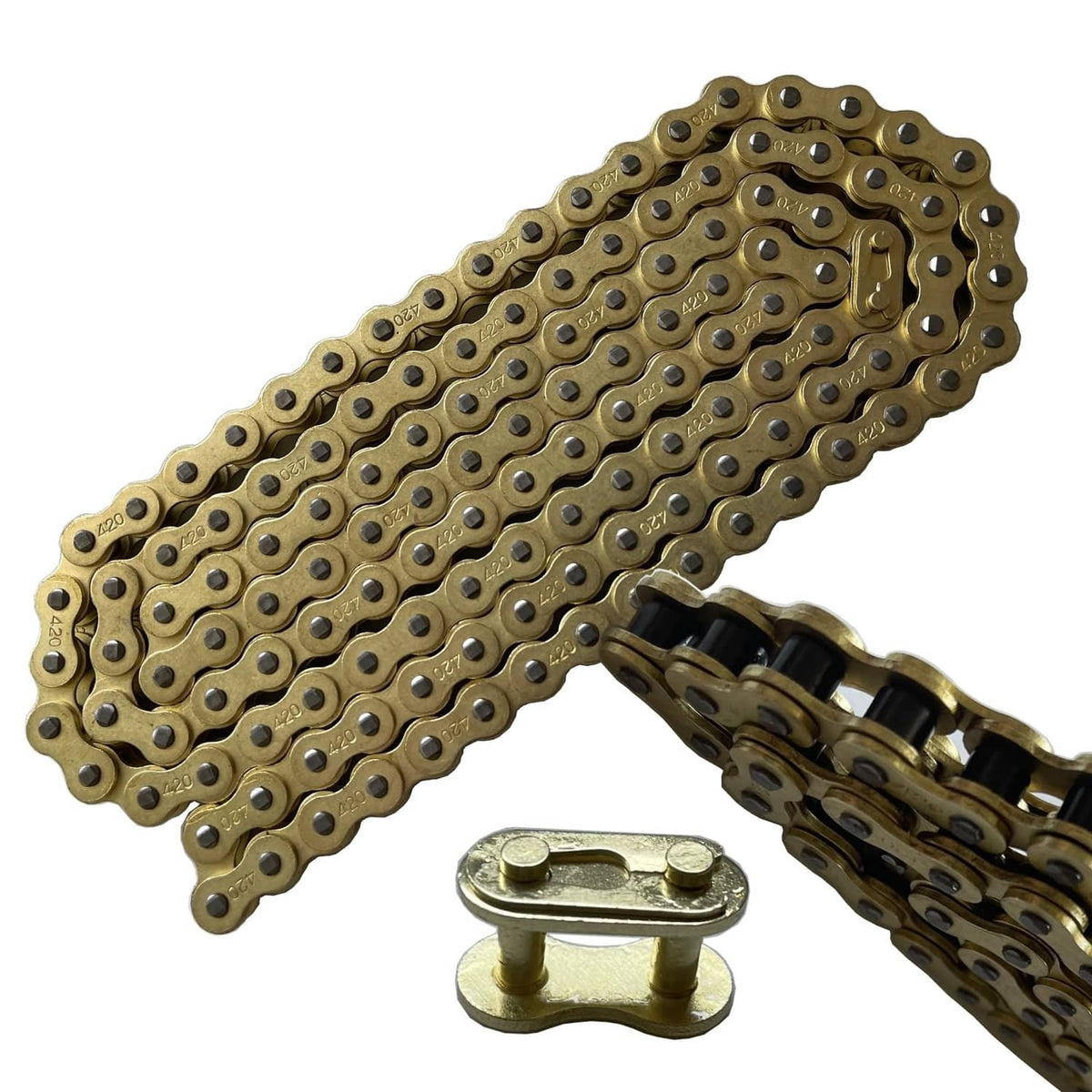 Gold motorcycle drive chain with master link connector and a chain clip