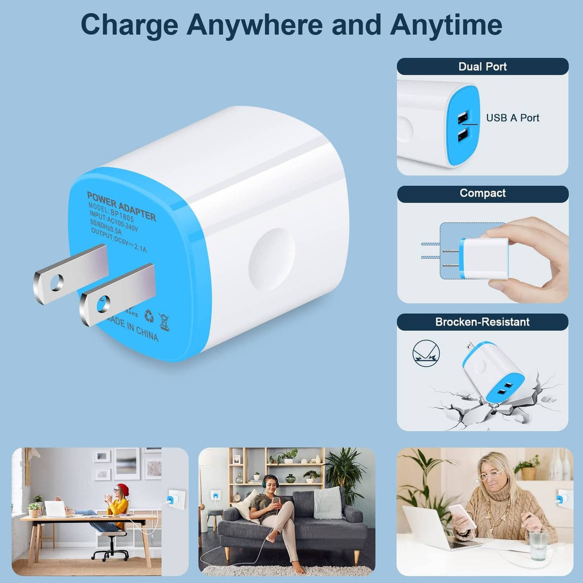 Compact dual-port USB wall charger plug with blue USB A port