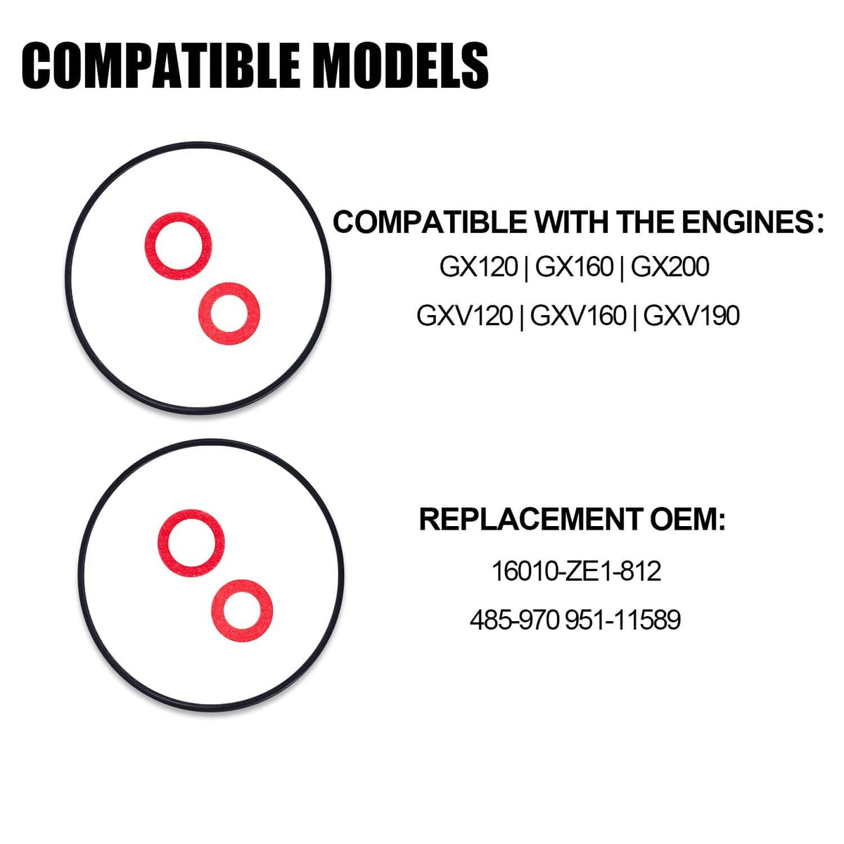 Carburetor float bowl gasket kit with two round seals and red O-rings